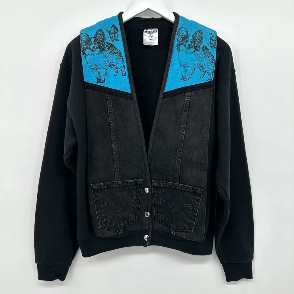Vintage Upcycled Papillion Dog Lover Jacket‎ Size Small Fleece Denim Pockets